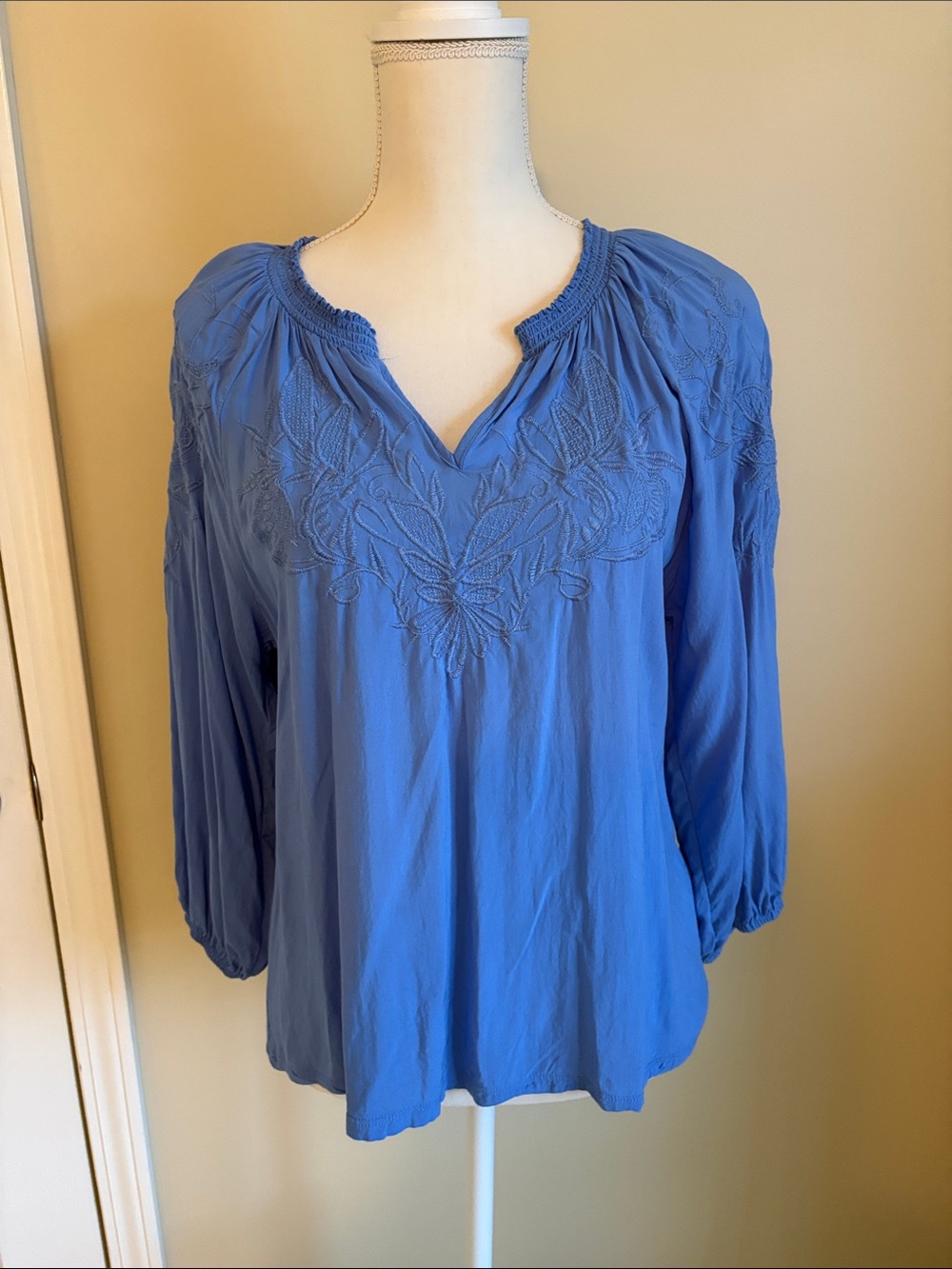 Democracy Cornflower Blue Embroidered V-Neck Peasant Blouse